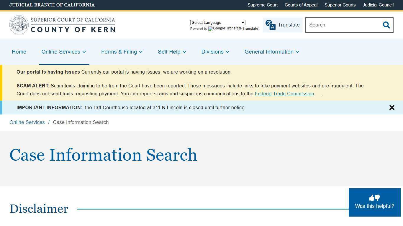 Case Information Search | Superior Court of California | County of Kern